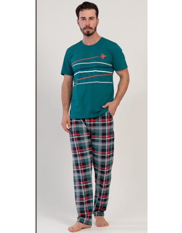 Pijamale bărbătești cu pantaloni în carouri
